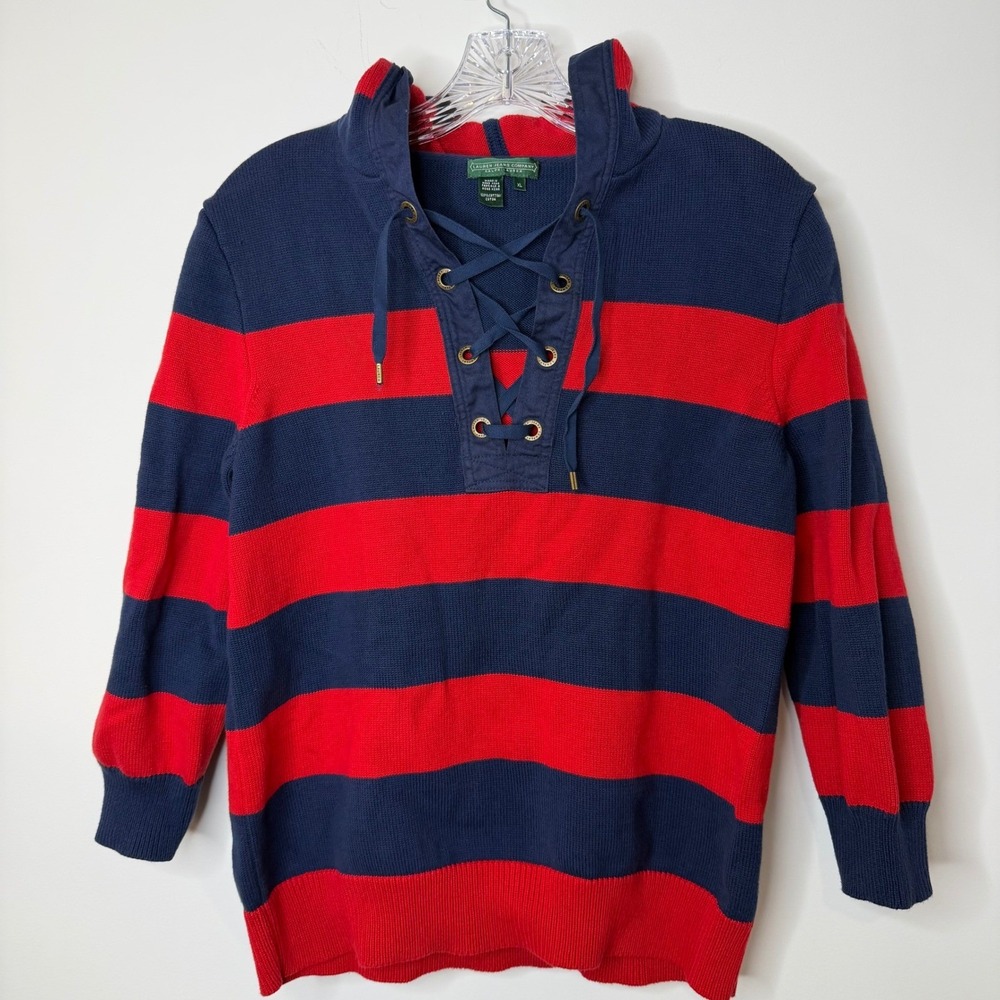 VTG Ralph Lauren Jeans Company Navy Red Striped Lace Up Polo Hoodie‎ Sweater XL